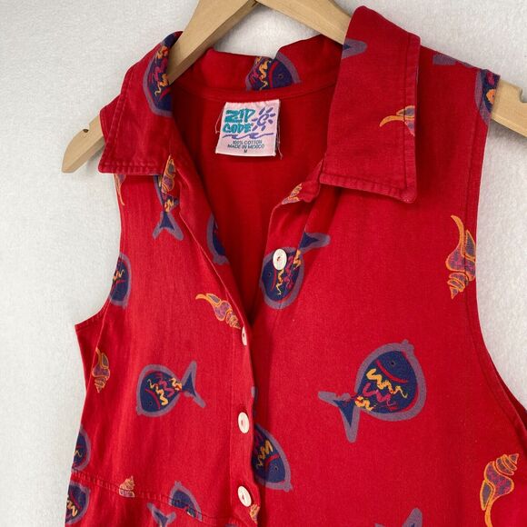 ZIP CODE Dress M Fish Shell Print Popover Maxi Sleeveless Jersey Cotton Red - Picture 3 of 15